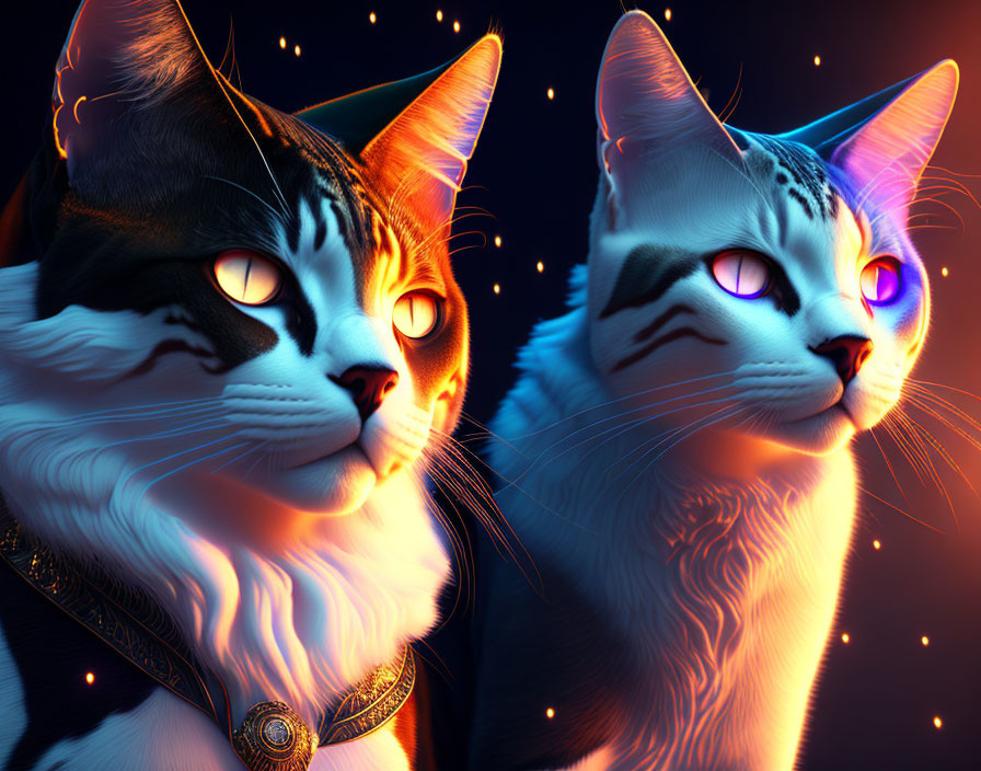 Majestic luminescent cats with glowing eyes in dark starry scene