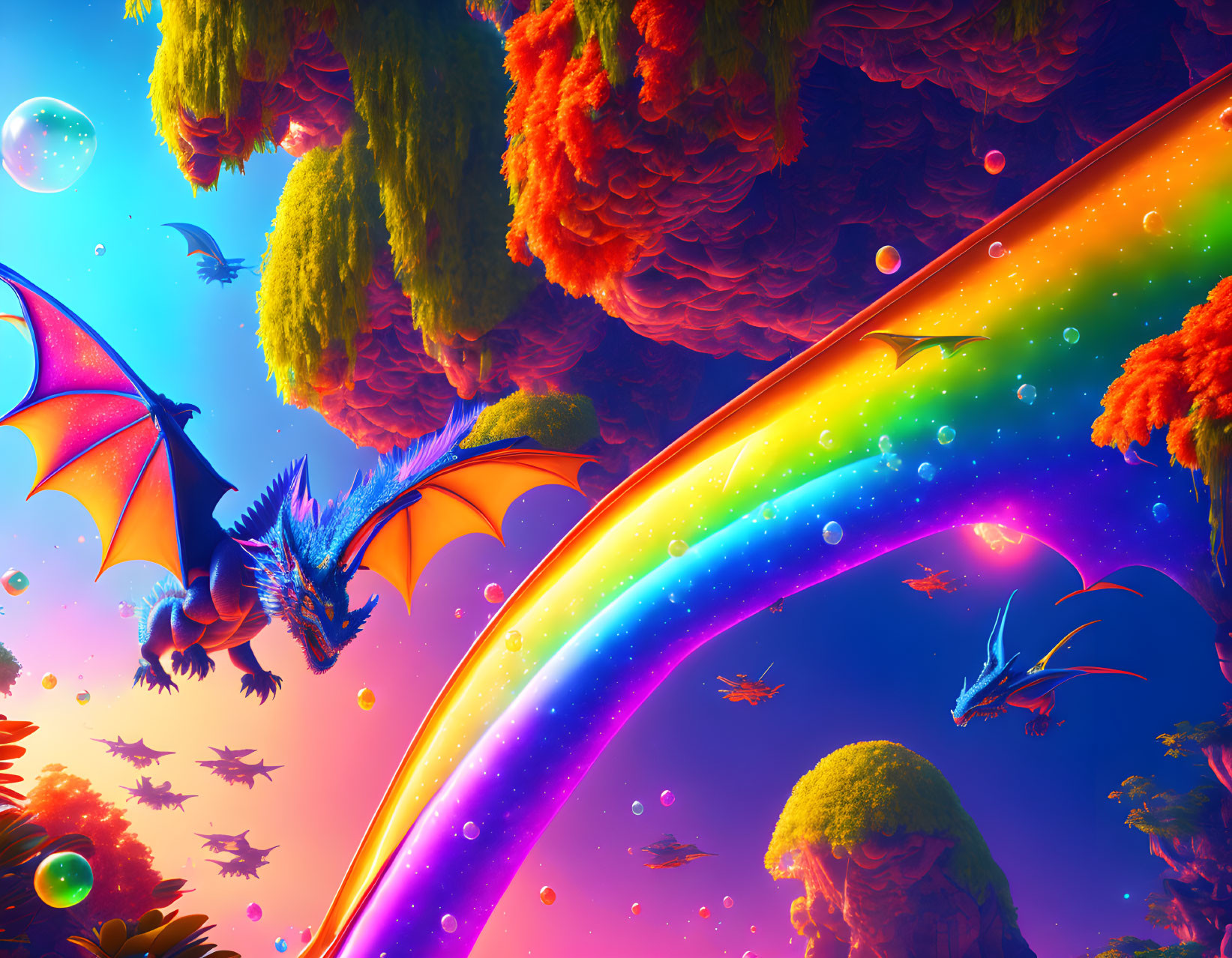 Colorful landscape with dragons flying near rainbow