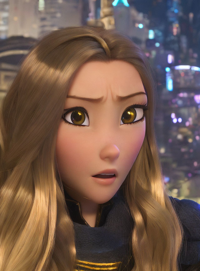 Animated female character with large eyes and blonde hair in close-up against cityscape.