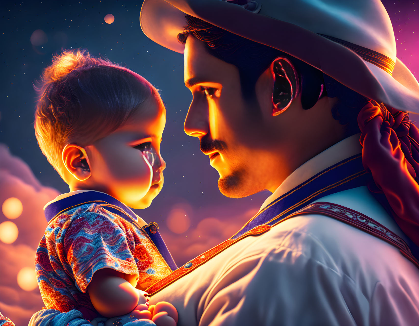 Man in Cowboy Hat Holding Baby Against Galaxy Background