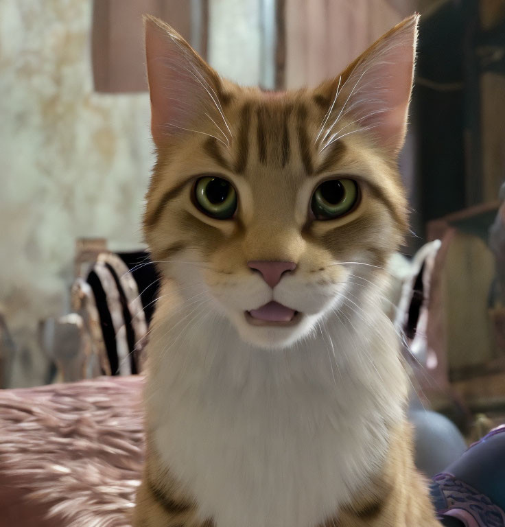 Close-Up of Animated Cat with Large Green Eyes and Striped Fur