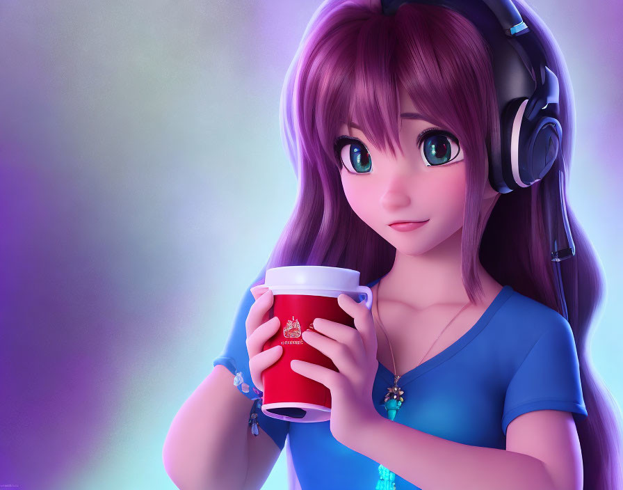 Purple-haired anime girl with headphones holding a red cup on soft purple background