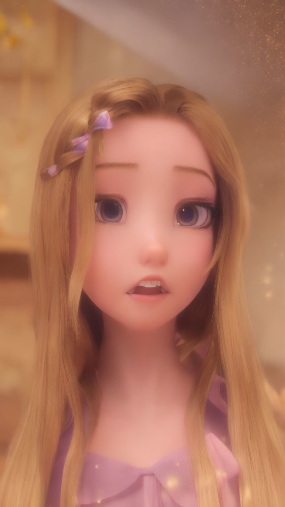 Blonde 3D animated girl with blue eyes and purple hairclip in warm light