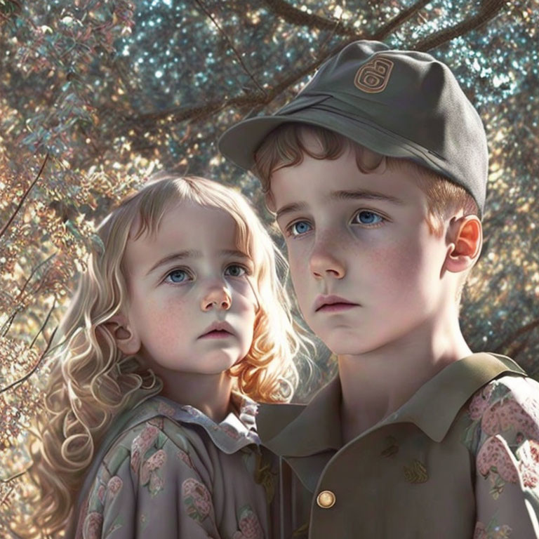 Children with thoughtful expressions under tree, girl with curly hair and boy in cap