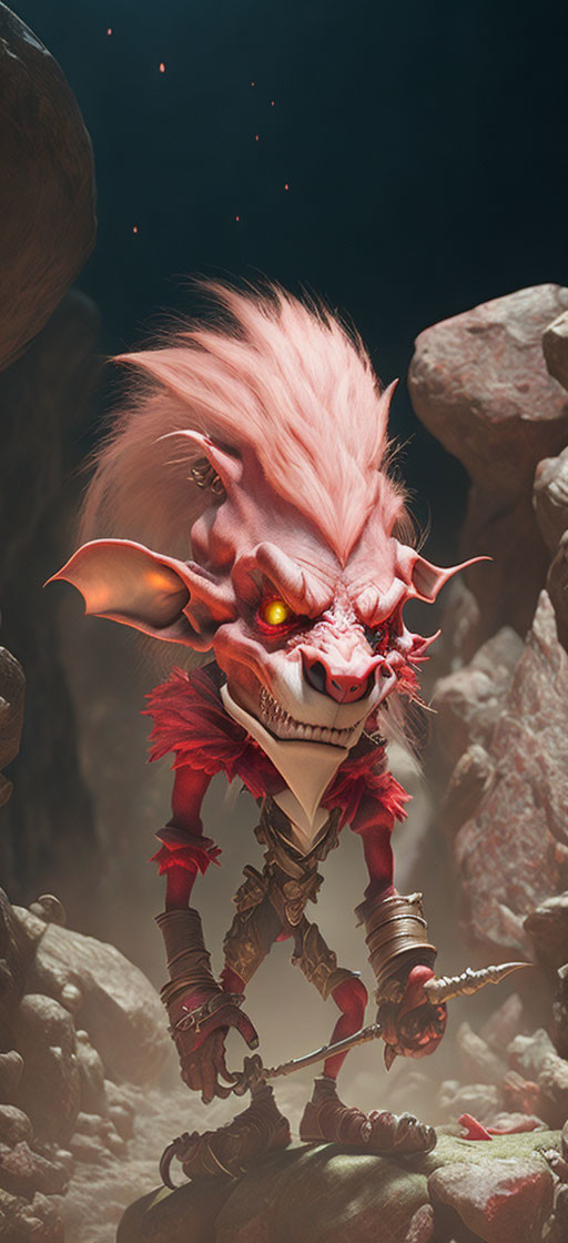 Mythical imp character with red eyes, pink hair, sharp teeth, and chain weapon among rocks