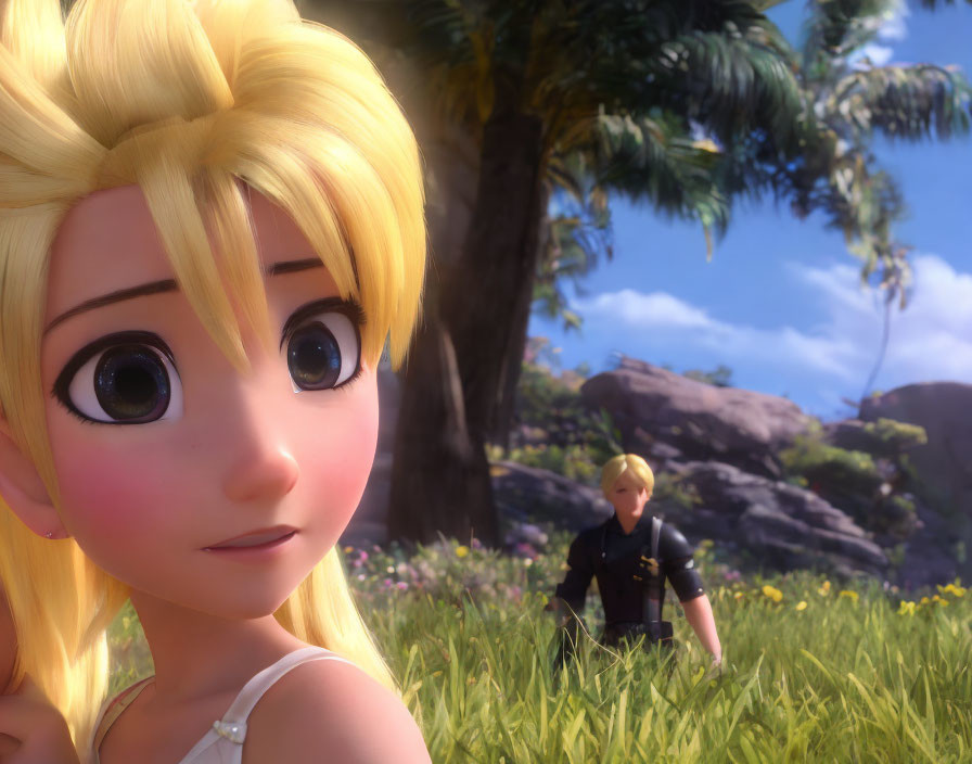 Young girl with large eyes and blonde hair, surprised expression, male character in vibrant outdoor setting