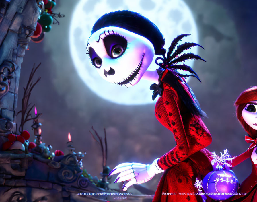 Gothic fantasy animated scene with skull-faced character and red-haired figure under full moon