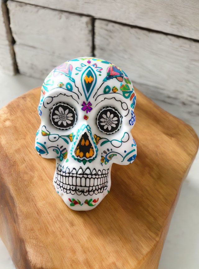 Colorful Painted Skull with Intricate Designs on Wooden Surface