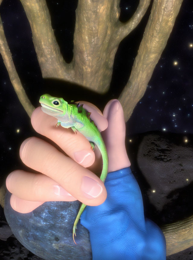 Green lizard perched on fingers under cosmic sky