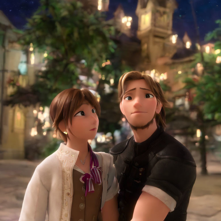 Male and female animated characters in a quaint village at dusk