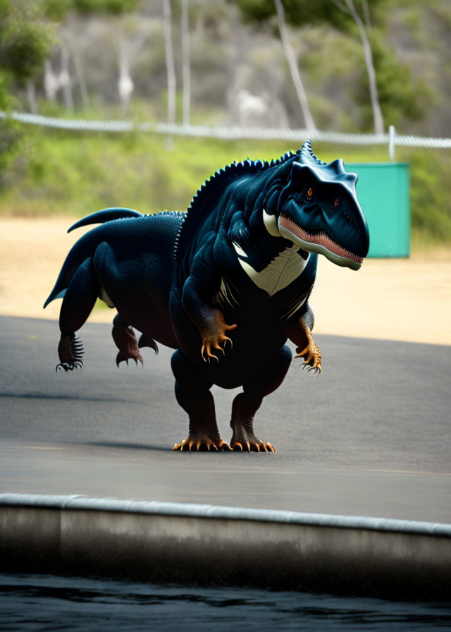 Realistic Blue and Black Velociraptor Model in Shirt and Tie on Pavement