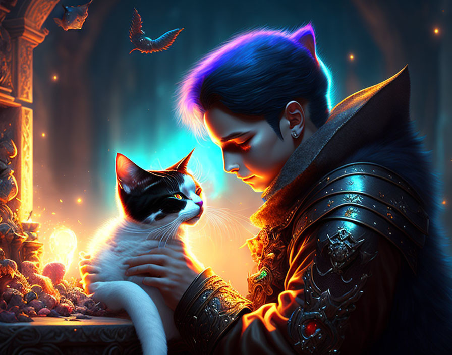 Person in armor cradles luminous cat in blue-glowing sanctuary with mystical bird