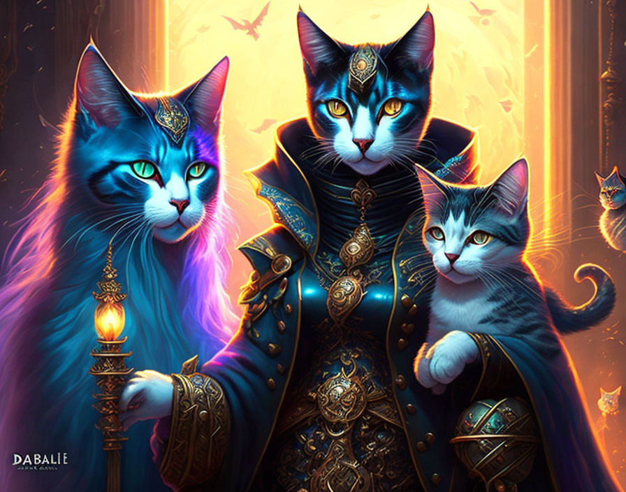 Regal cats in fantasy robes against magical backdrop