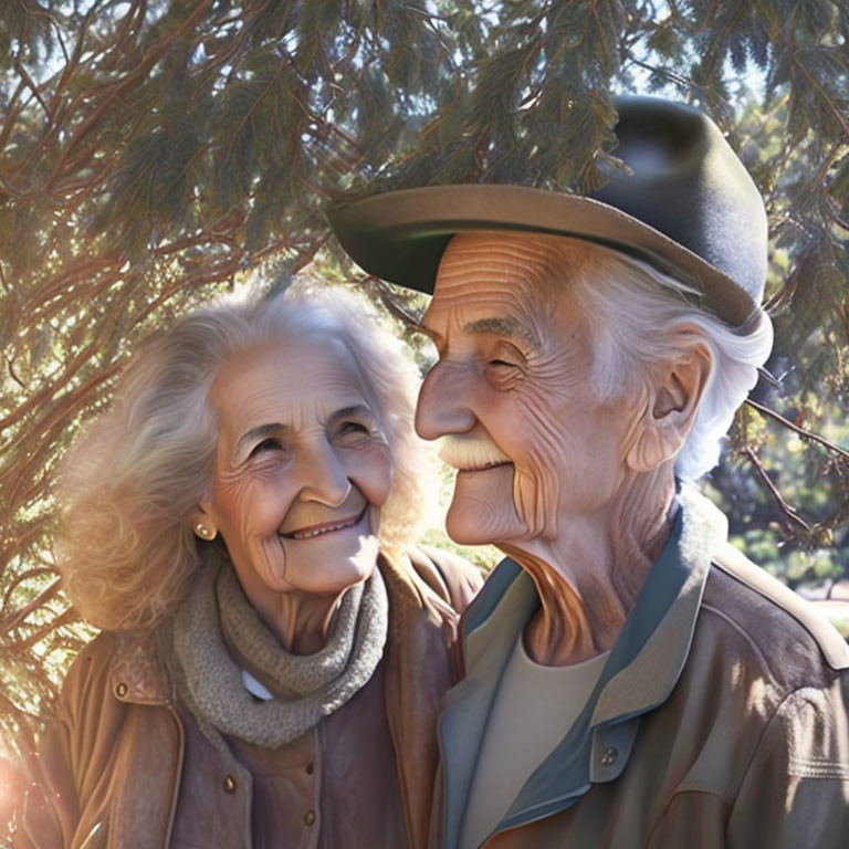 Elderly couple smiling in sunlight with trees in background