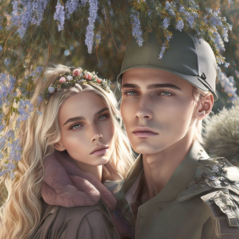 Digital painting of man and woman in military uniform and floral crown with blue eyes among blossoming branches.