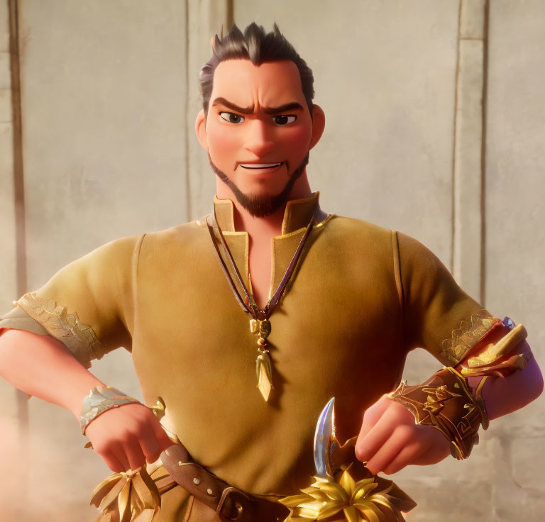 Confident animated character in yellow tunic with gold accents and dagger