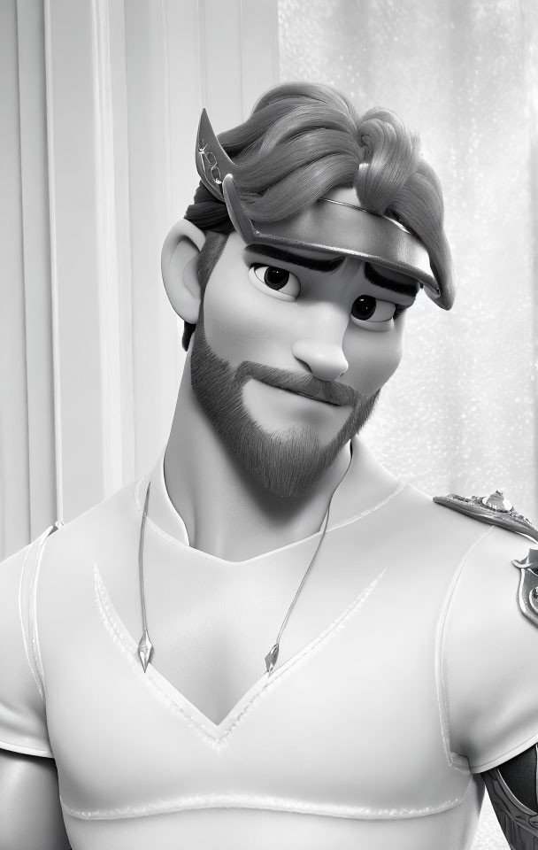 Monochrome animated character with visor and V-neck shirt