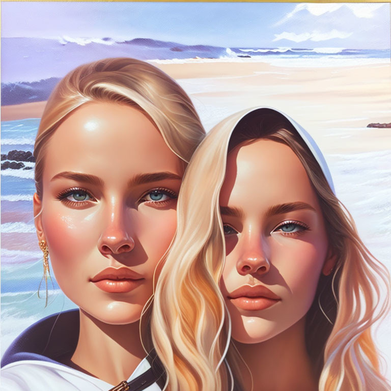 Illustrated Women with Blonde Hair and Blue Eyes at Beach