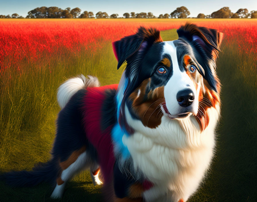 Colorful Australian Shepherd Dog in Vibrant Poppy Field