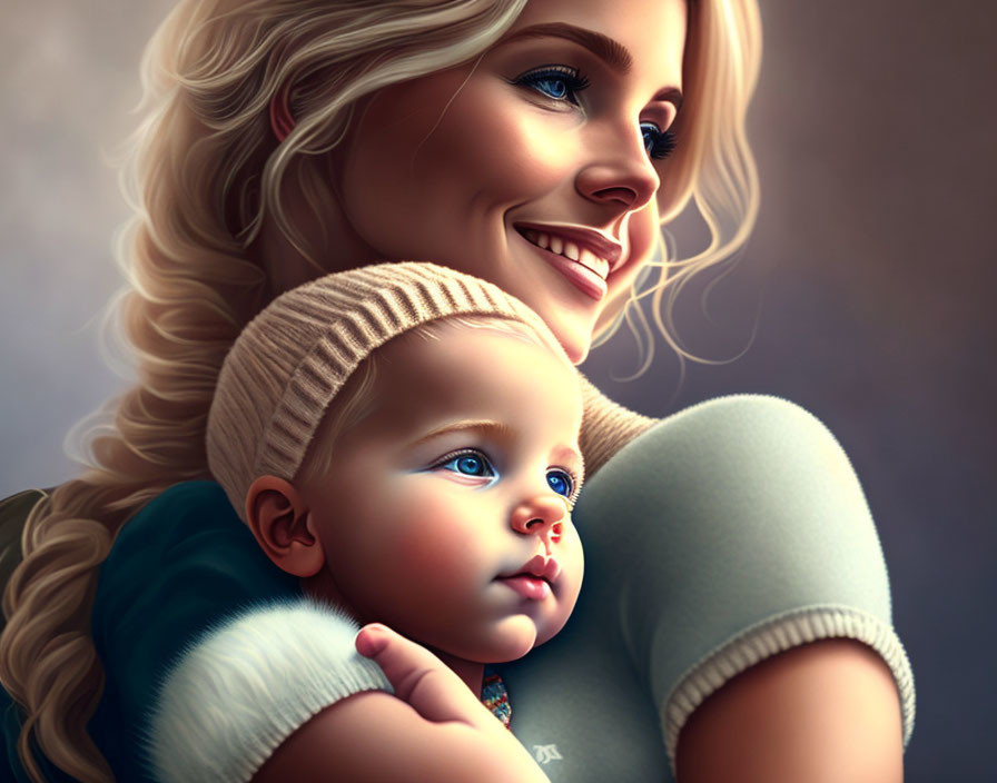 Smiling woman holding child with blue eyes in knit hats