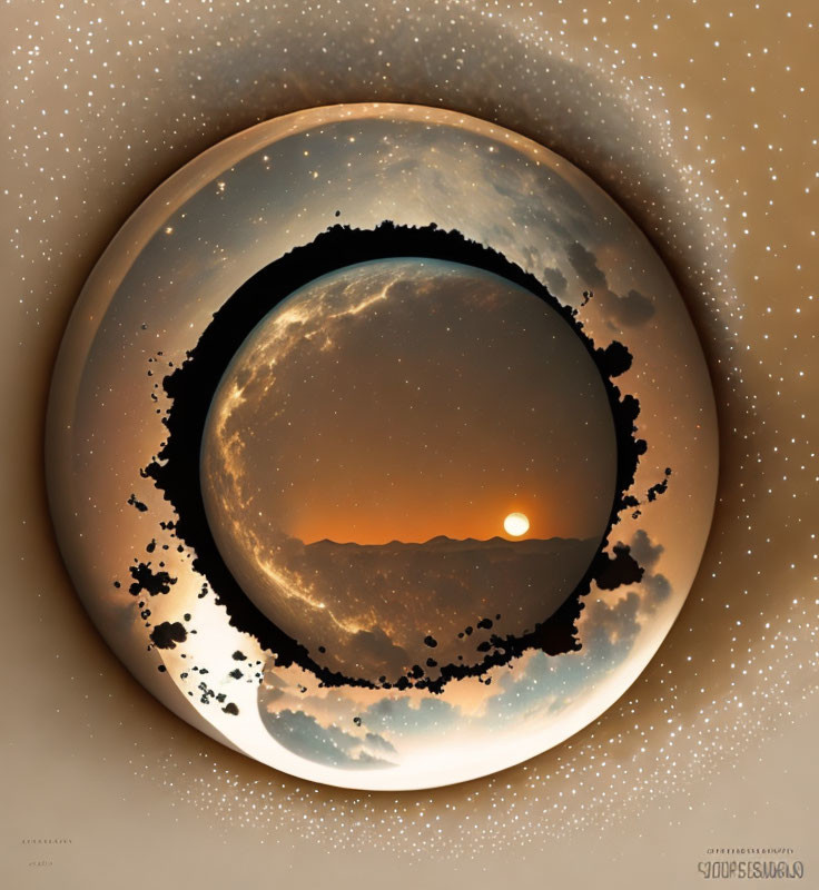 Circular Panoramic Sunset View with Floating Celestial Body