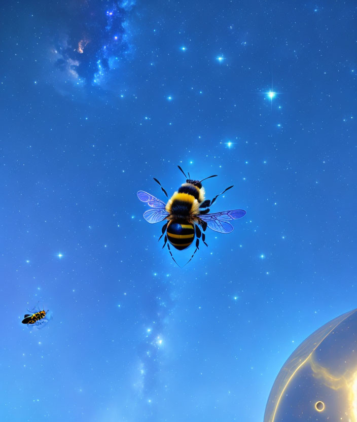 Giant Bees Hovering in Space with Stars and Planet