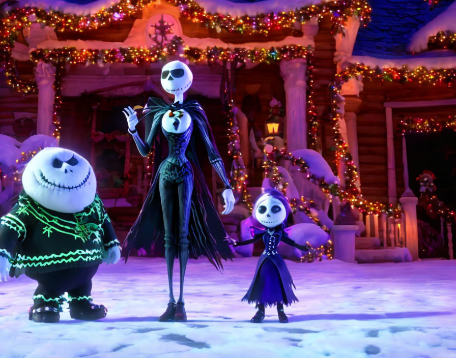 Animated characters near festively decorated house with Christmas lights