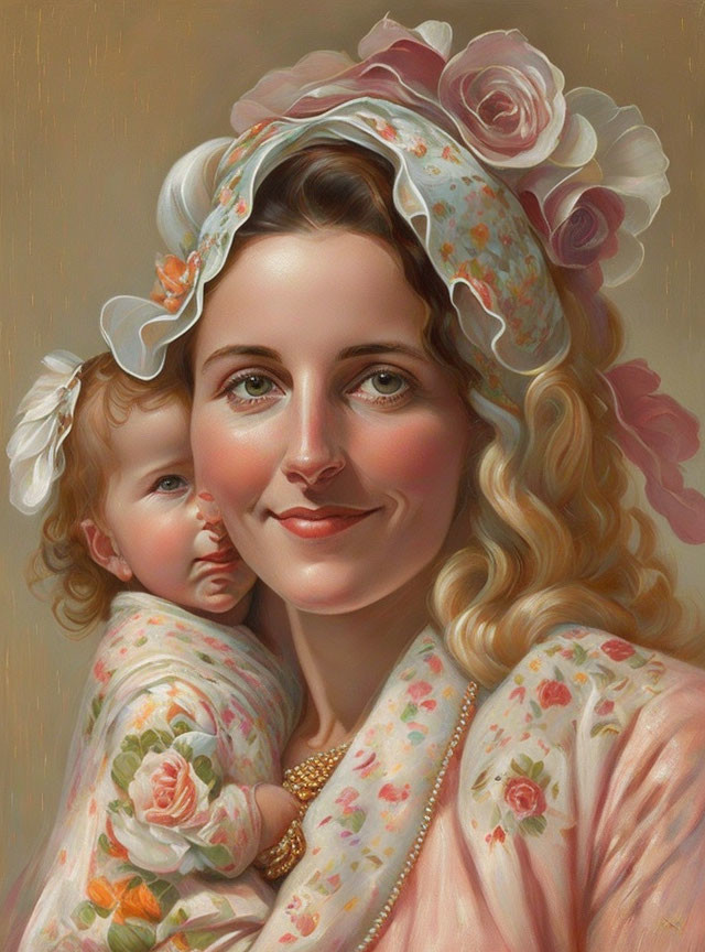 Smiling woman with wavy hair in floral dress holding child portrait