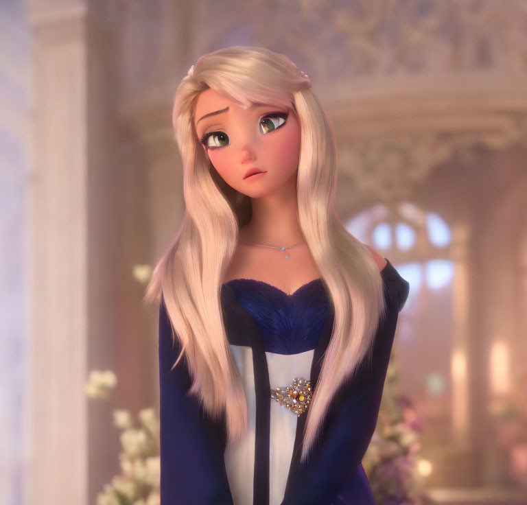 Blonde animated character in blue dress with necklace in elegant interior