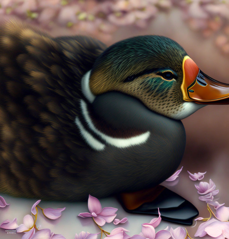 Colorful Duck with Shiny Beak Among Soft Pink Petals