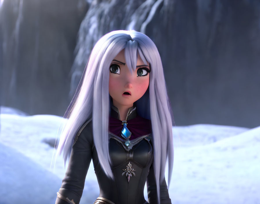 Animated female character with silver hair in black suit with snowflake emblem in snowy landscape