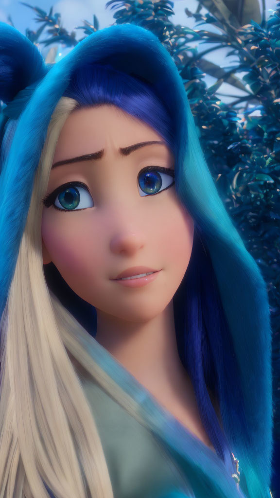 Blue-haired animated character with big blue eyes and a hood, looking concerned in a foliage background.