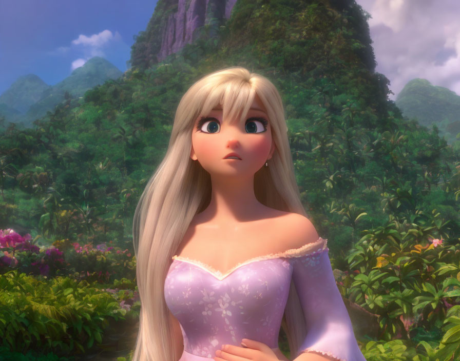 Blonde female character in pink dress against forest backdrop