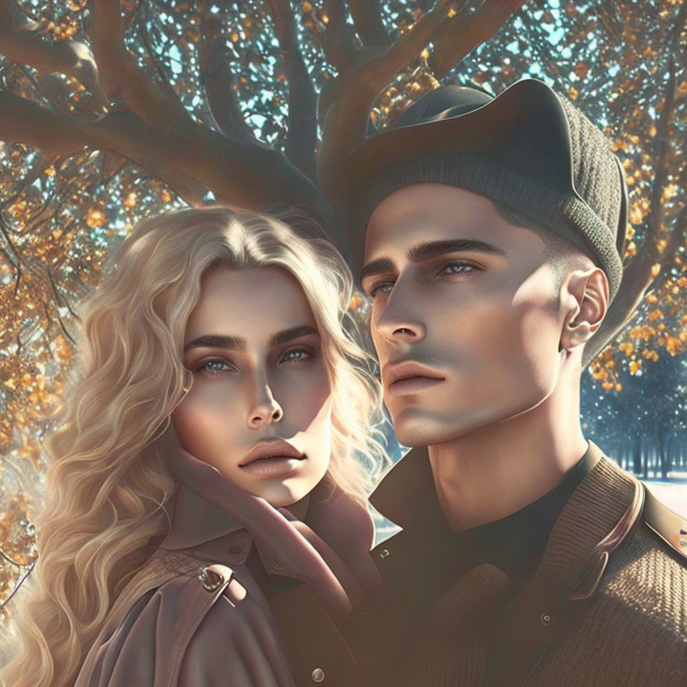 Stylish male and female animated characters pose near autumn trees