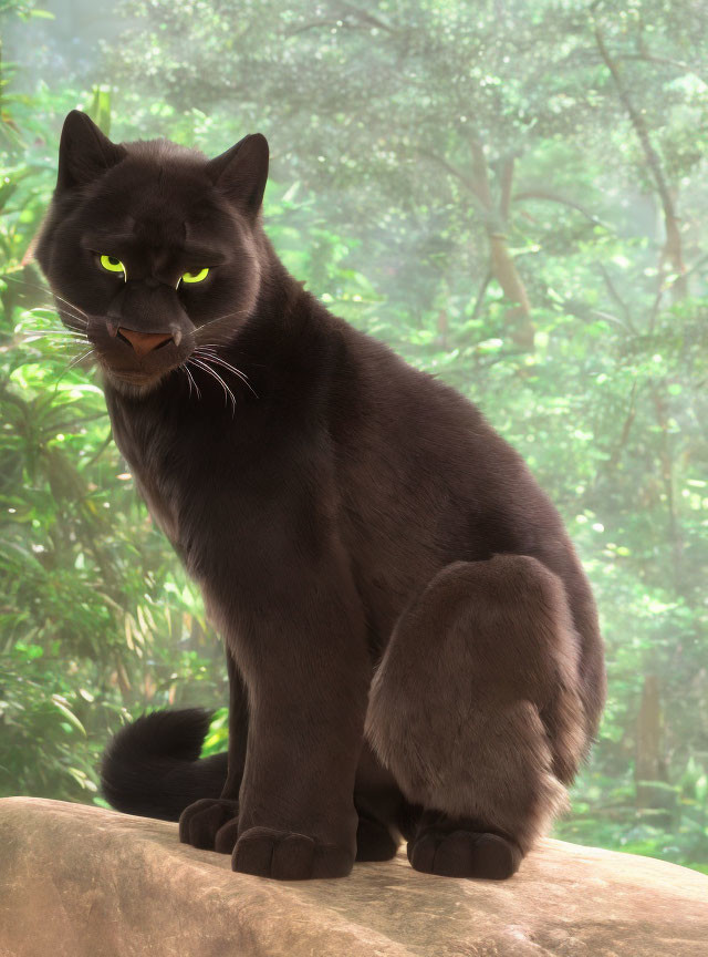 Sleek Black Panther with Yellow Eyes in Forest Scene