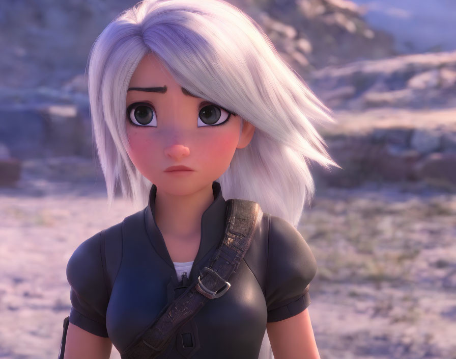 White-haired 3D animated character in leather outfit in snowy landscape