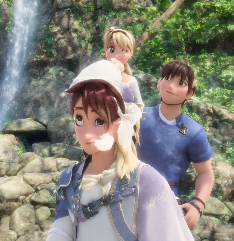 Three animated characters near a waterfall with sunlight filtering through foliage.