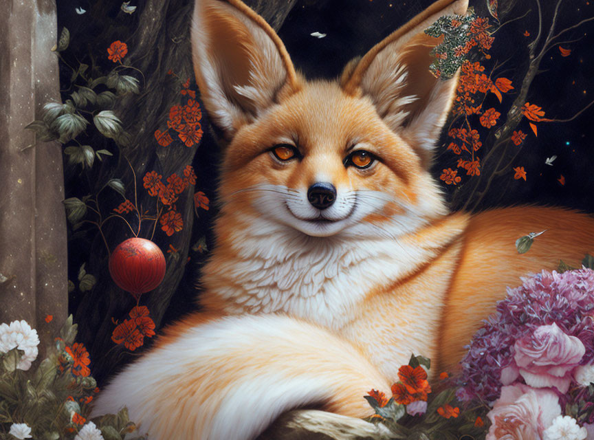 Detailed Fox Illustration Surrounded by Flowers and Plants