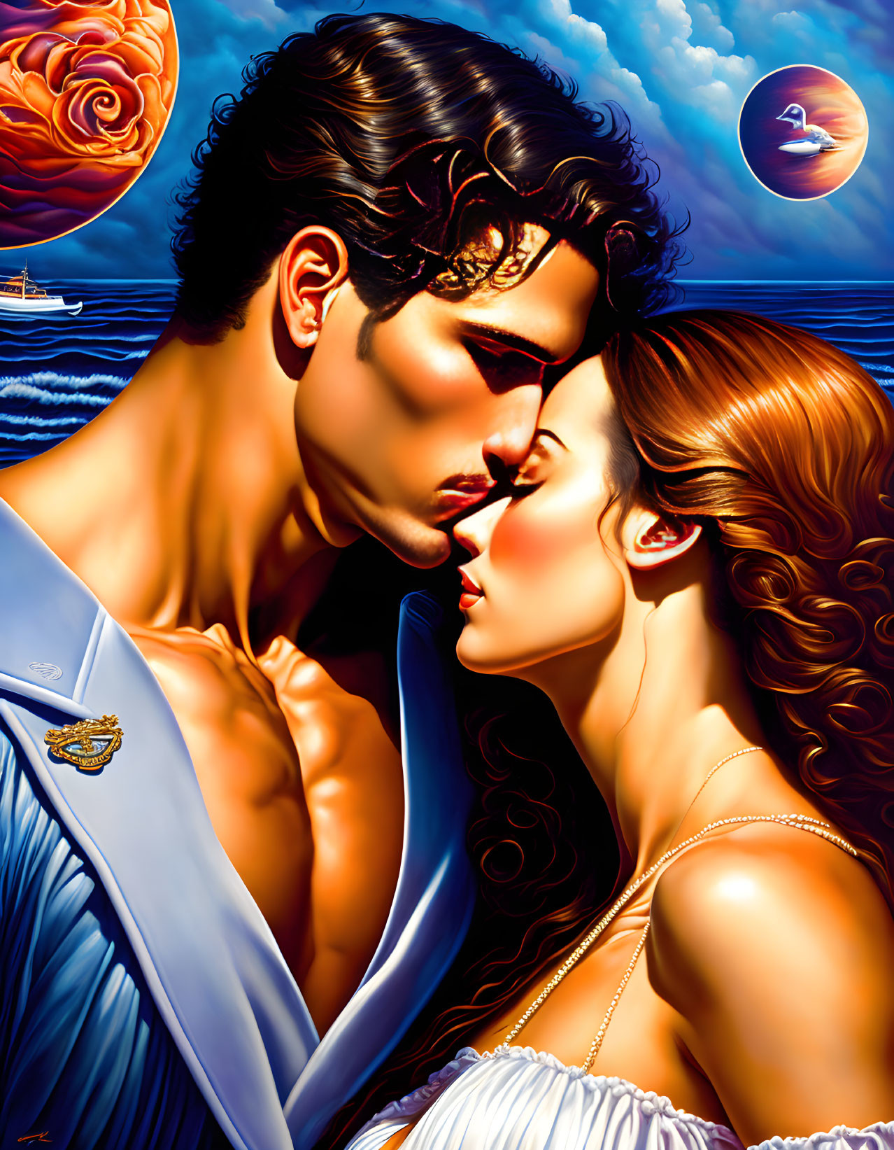 Illustrated characters in romantic embrace under surreal sky with two moons