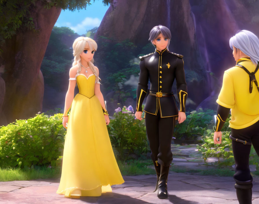 Vibrant fantasy setting with three animated characters in uniforms and a yellow dress against an ethereal forest