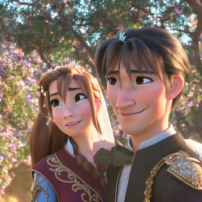 Animated man and woman in royal wedding attire smiling in front of blossoming trees.