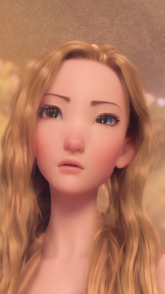 Blonde wavy hair 3D-animated female character with blue eyes and contemplative expression