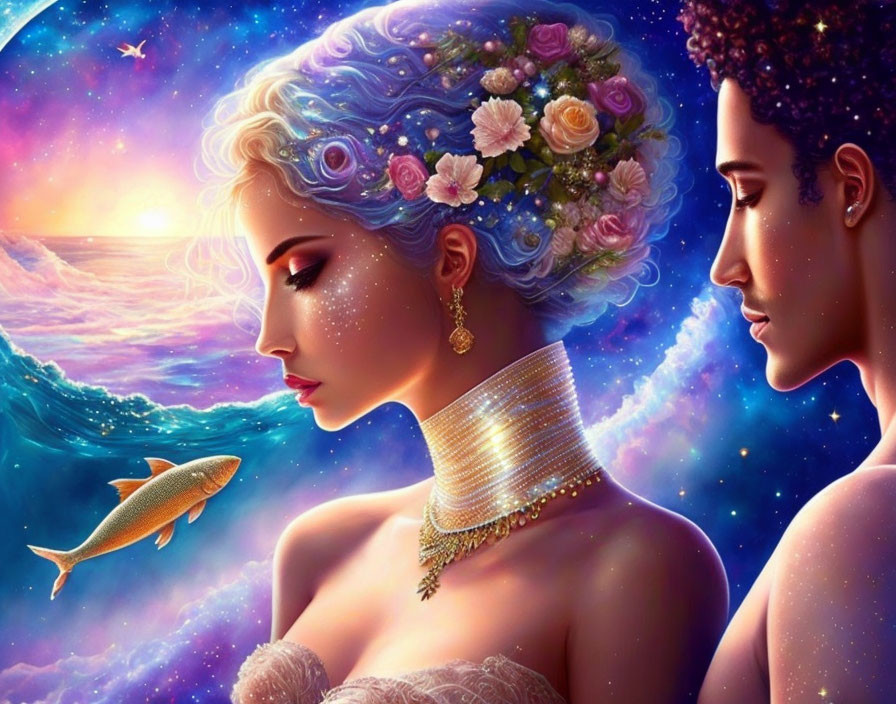 Stylized portraits on cosmic backdrop: woman with blue hair and flowers, man with starry skin