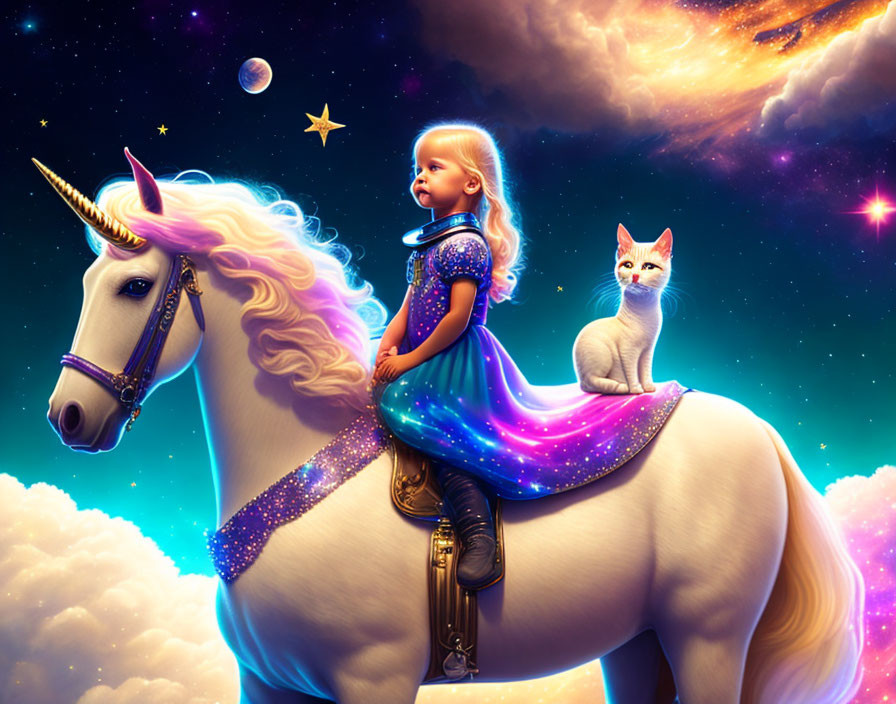 Young girl in sparkling dress rides unicorn with galaxy-themed mane among starry sky and planets.