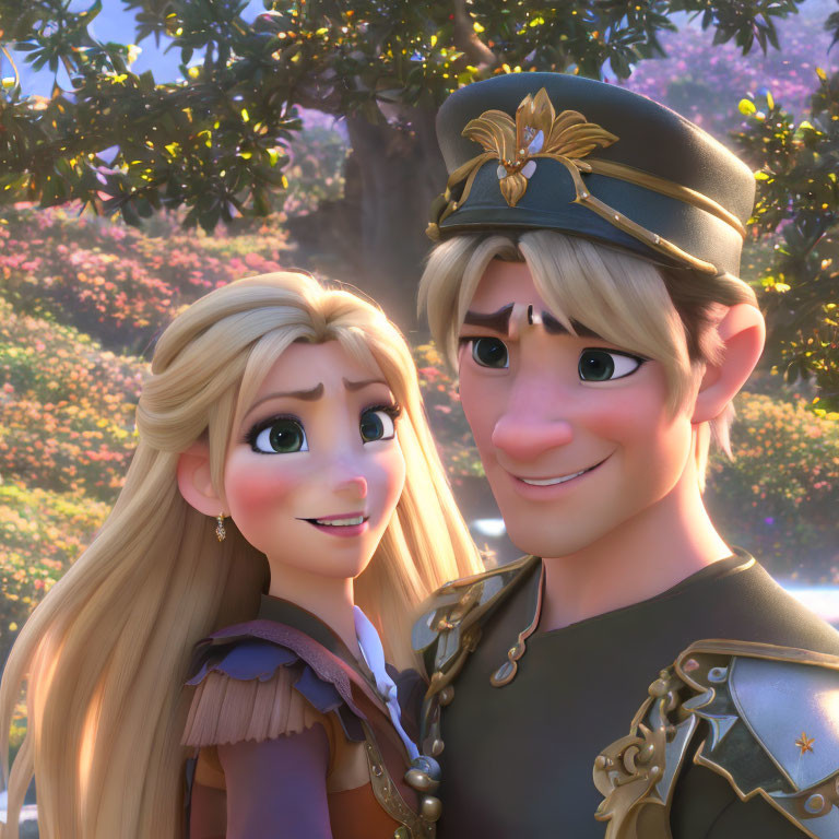 Animated characters: smiling woman with long blonde hair & man in guard's uniform gazing affectionately