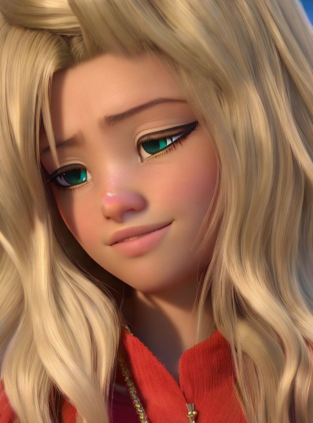 Close-up of 3D character: blonde wavy hair, turquoise eyes, red top