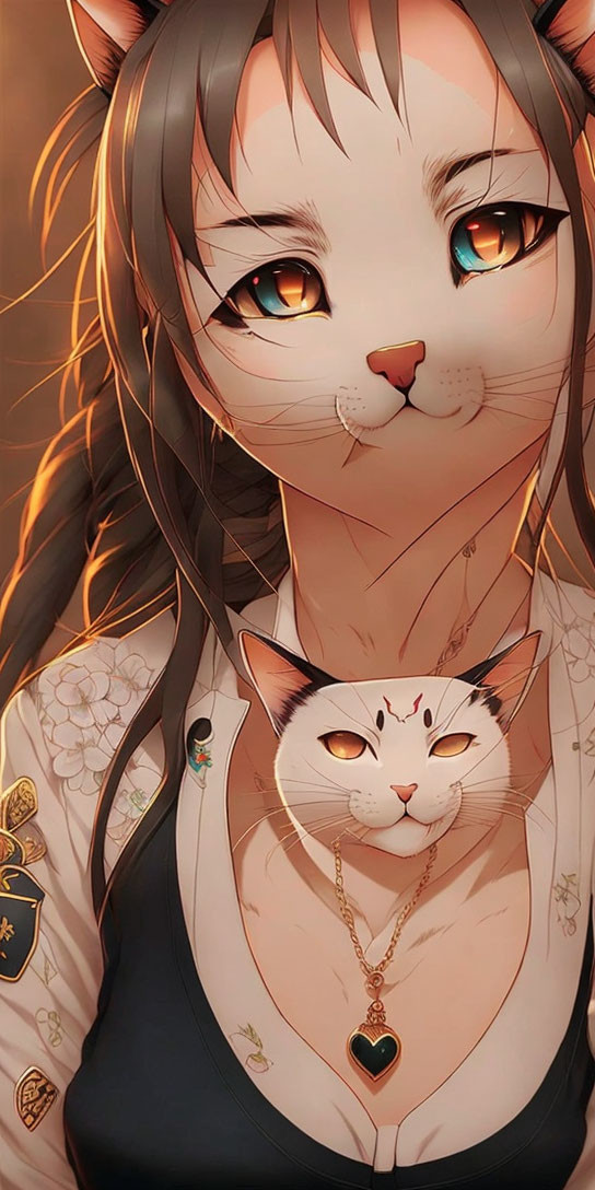 Illustrated character with feline features holding a cat with orange eyes