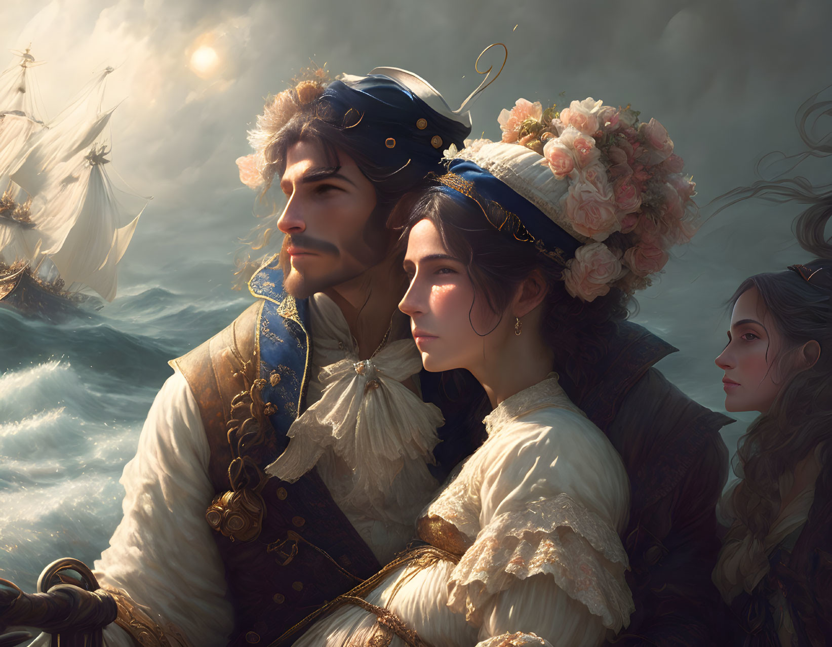 Man and woman in historical attire with stormy sea and ships in background.