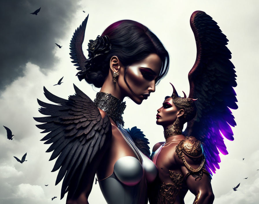 Stylized women with silver and gold wings against dramatic sky