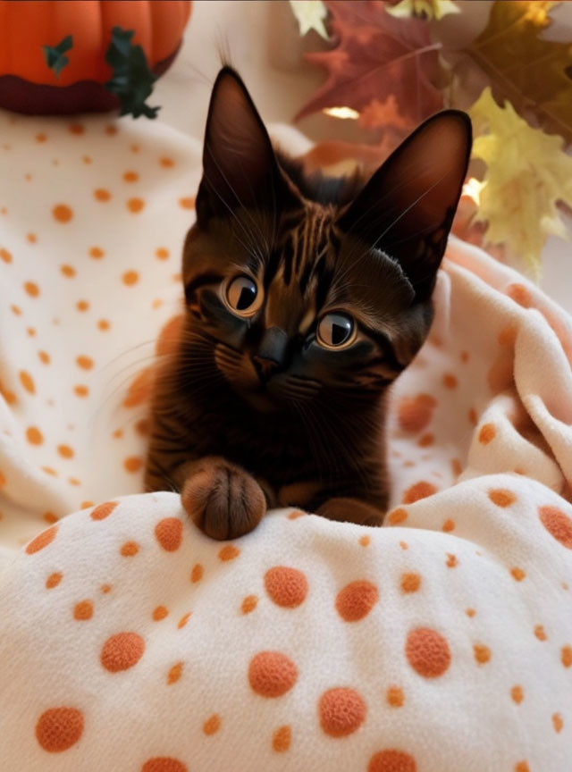 Brown Tabby Kitten on Polka-Dotted Blanket with Autumn Leaves and Pumpkin